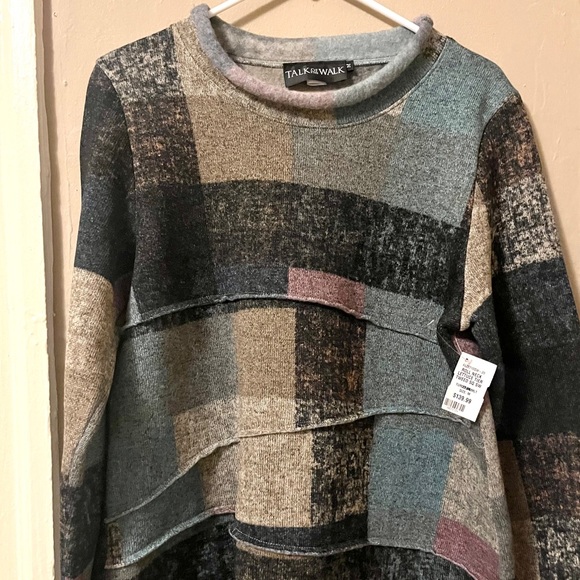 🏷️ talk of the walk • multicolor patchwork rolled mock neck tunic sweater - Picture 12 of 16
